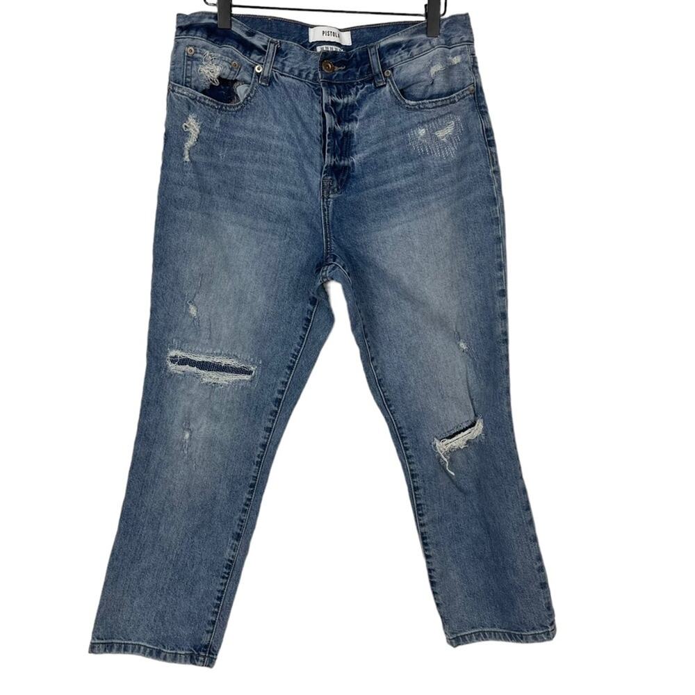 Pistola Distressed Patched Knee/Back High Rise Jeans DZY Wash Size 30